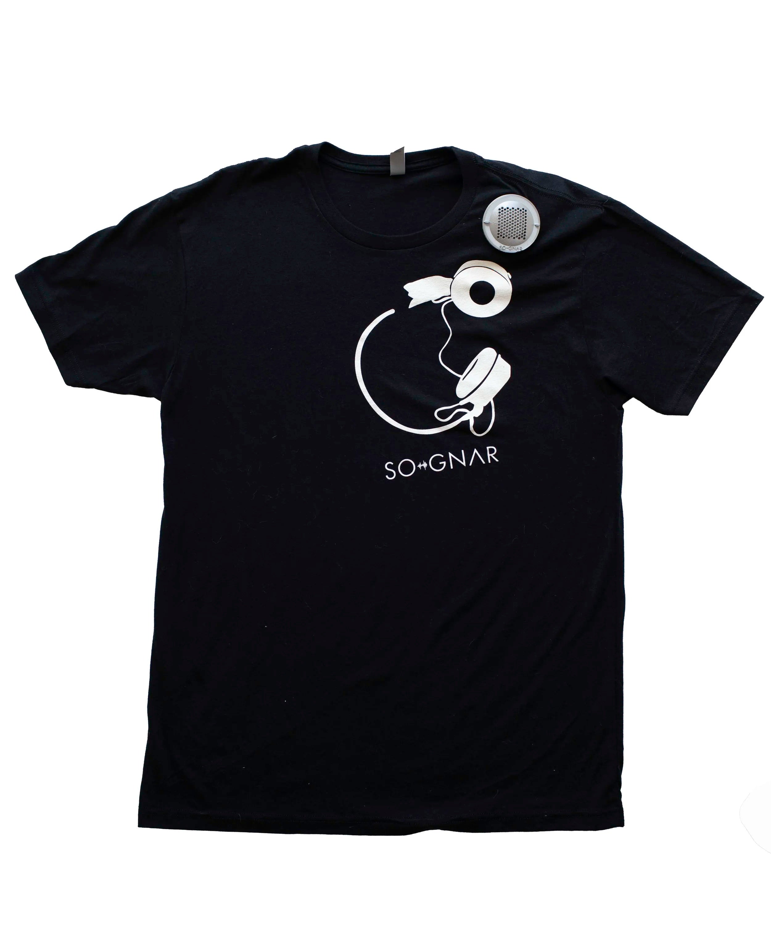 Black t-shirt with white graphic design and 'so-gnar' text on a white background