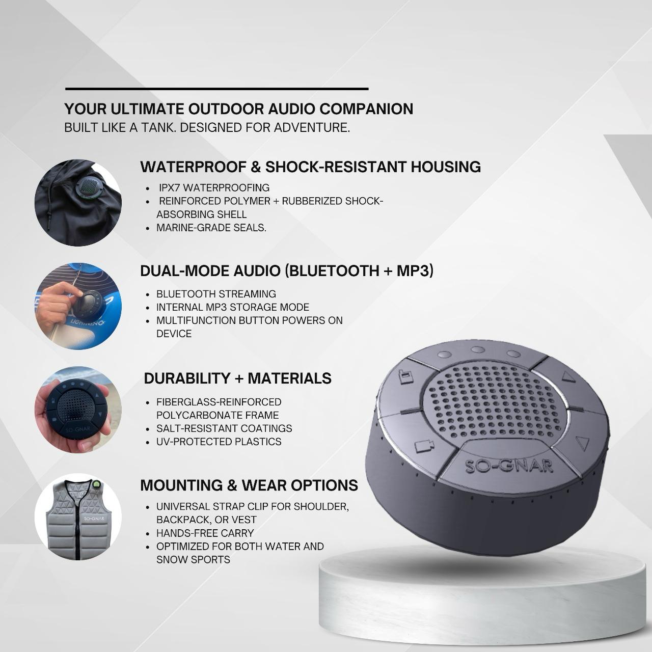 Outdoor audio companion with features listed on a white background