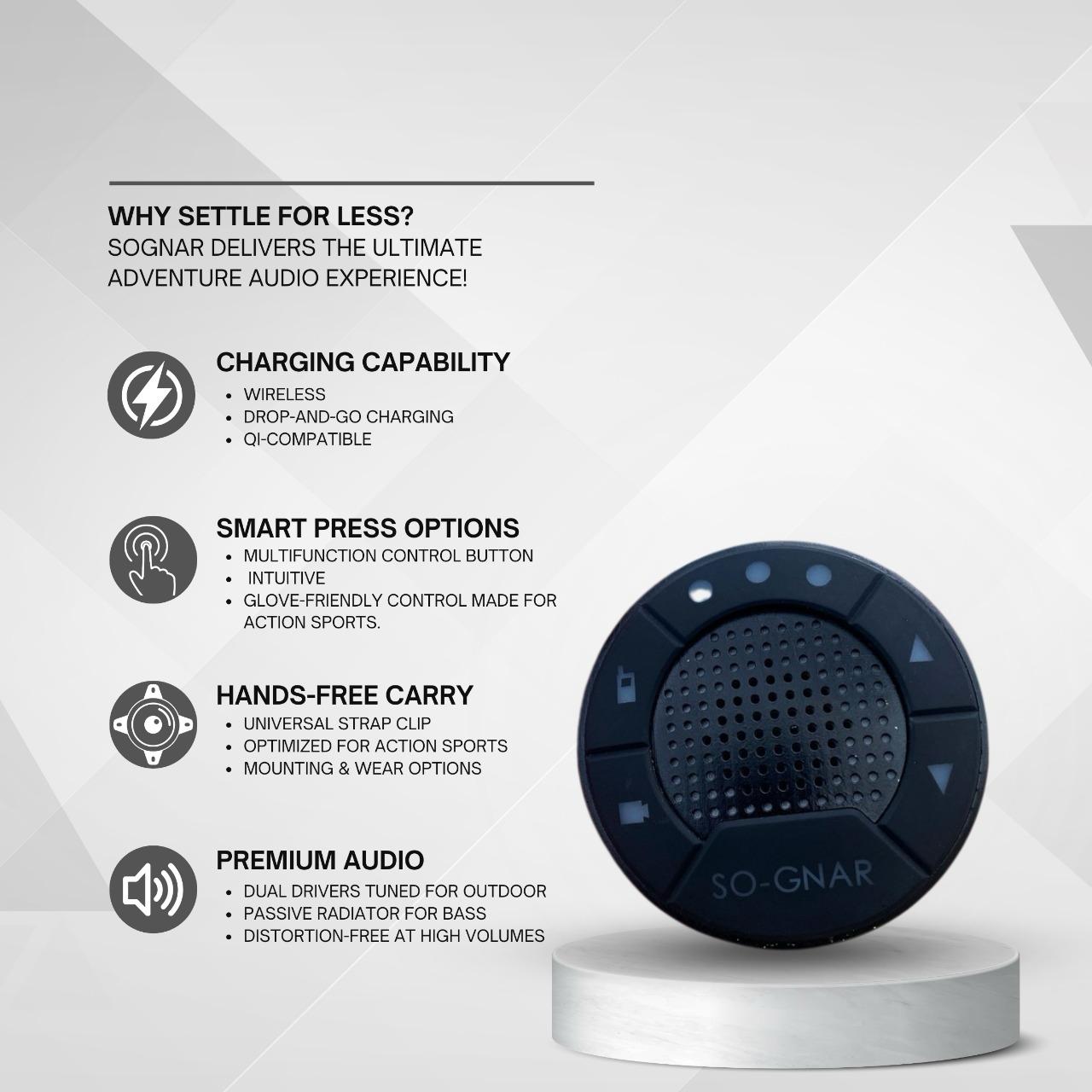 Black SO-GNAR device with charging capability, smart press options, hands-free carry, and premium audio features on a gray background.