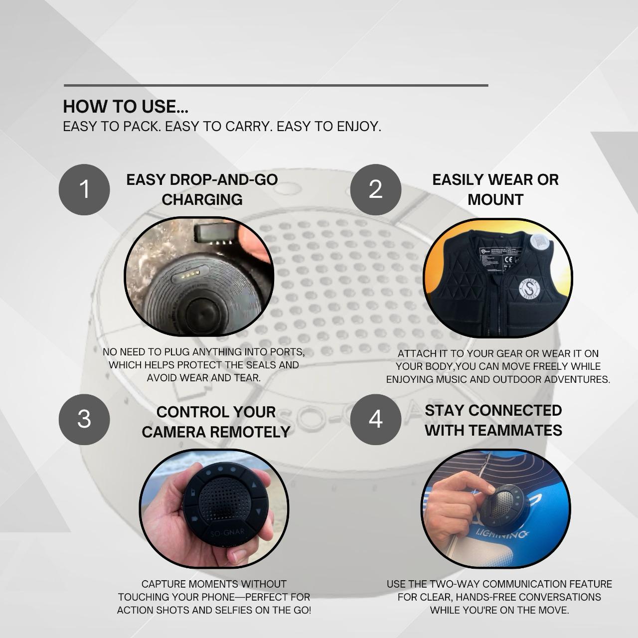 Instructions on how to use a device for easy drop-and-go charging, wearing or mounting, controlling a camera remotely, and staying connected with teammates.